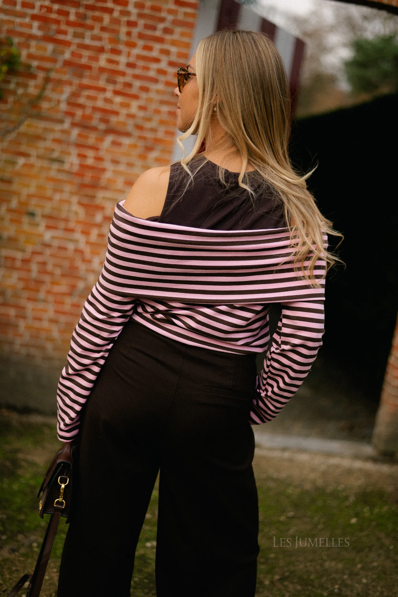 Marley off shoulder striped shirt hot chocolate/baby pink - Image 4