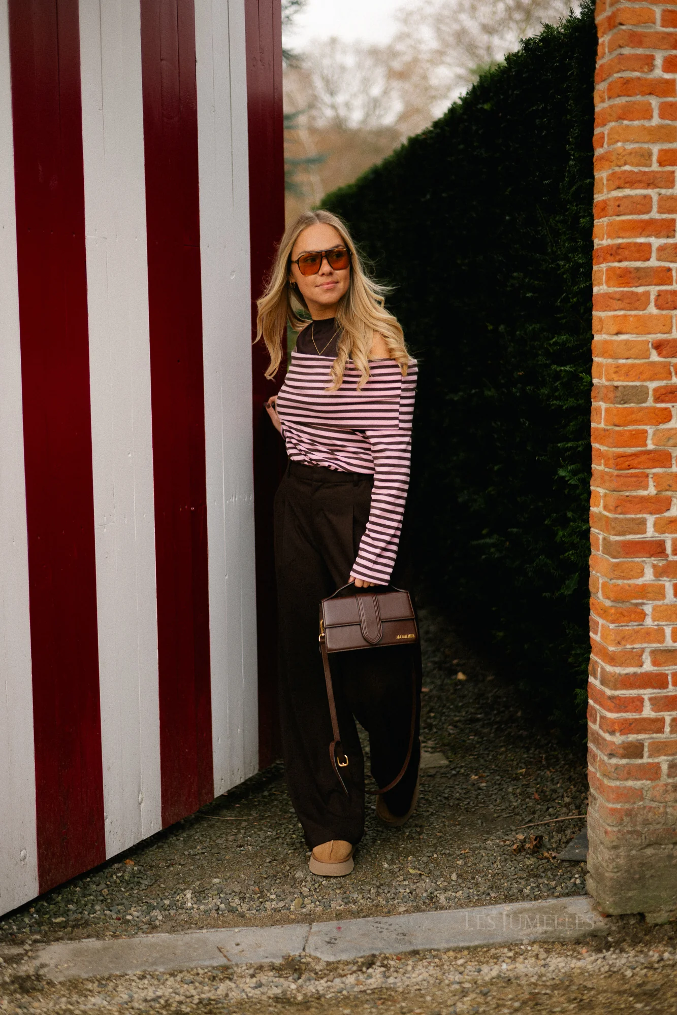 Marley off shoulder striped shirt hot chocolate/baby pink - Image 9
